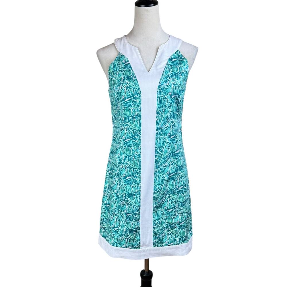 Lauren James Green White Botanical Print Cotton Strapless Preppy Shift Dress